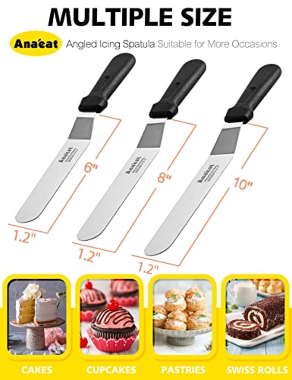 3 Pieces Professional Cake Angled Offset Spatula with 6", 8", 10" Stainless Steel Blades - Thickened Frosting Knife with Plastic Handle for Cake Decorating, Pastry & Baking